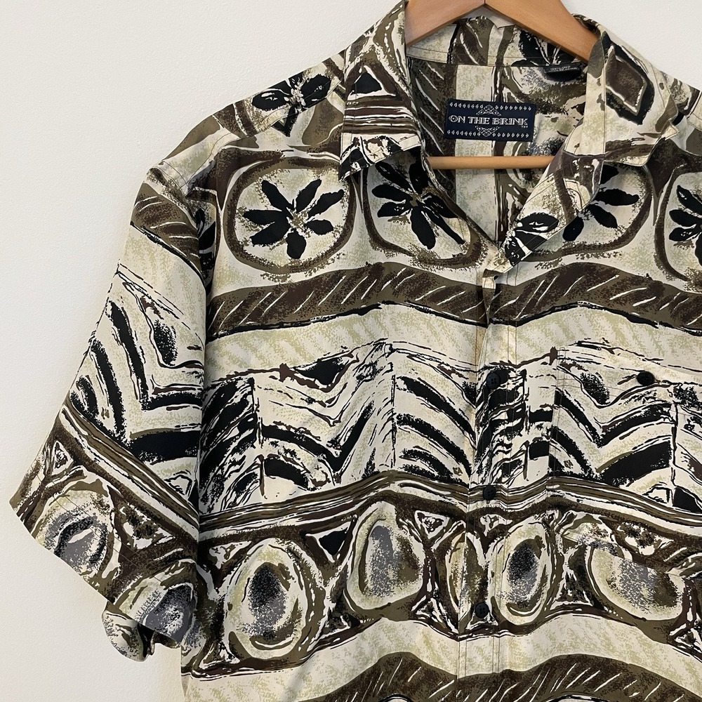 Vintage ON THE BRINK Silk Shirt Mens Medium Retro 90s Earthy Tribal Boho Grunge - Picture 7 of 14